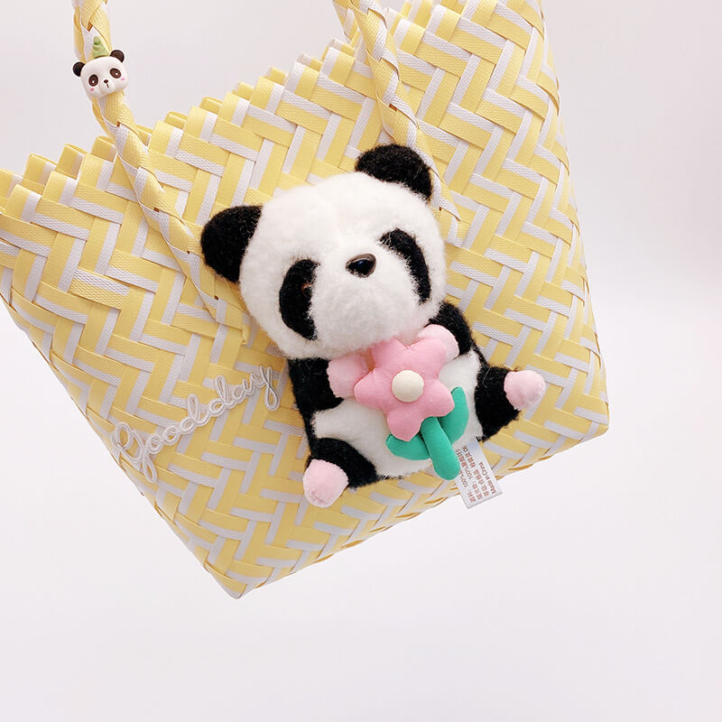 Sac de plage tissé en plastique, fourre-tout Panda, couleur jaune en 4 styles