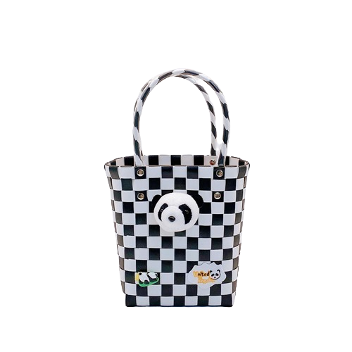 Woven Tote Bag Panda Design Checkered Black and White Woven Basket, 7''
