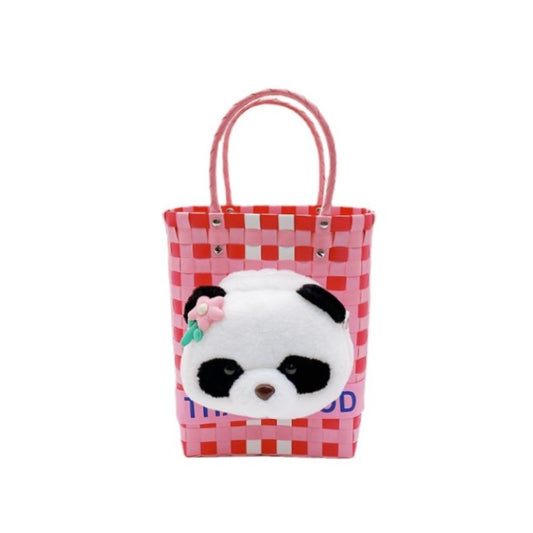 Woven tote, Panda Tote, Sweet Pink Handbag with Stuffed Panda Bear