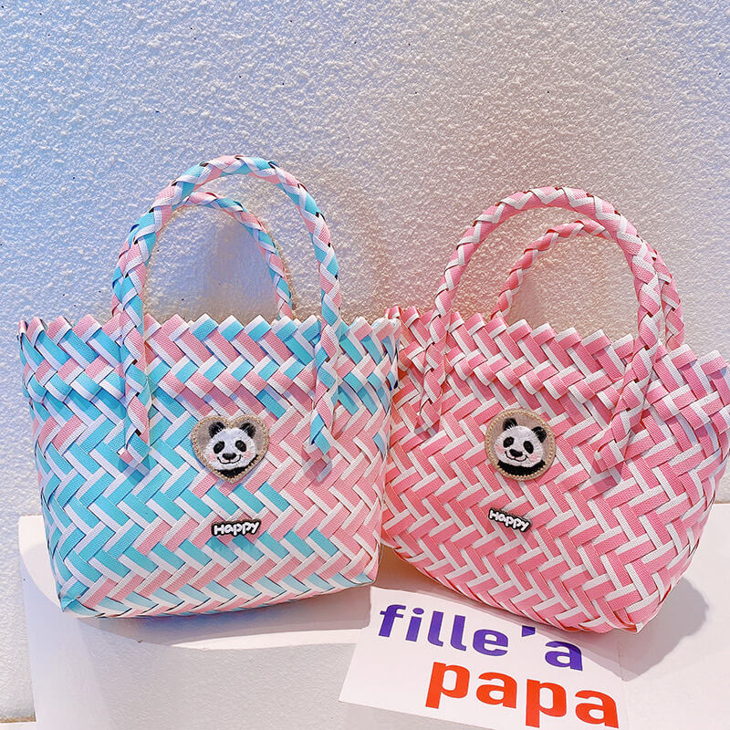 Panda Tote: Woven Bag with Panda Embroidery, Sweet & Colorful, 7.8''
