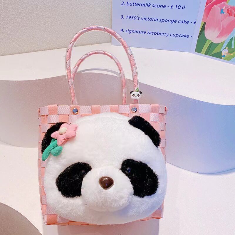 Bolso Panda, bolso tejido en tablero de ajedrez rosa, 9,6''
