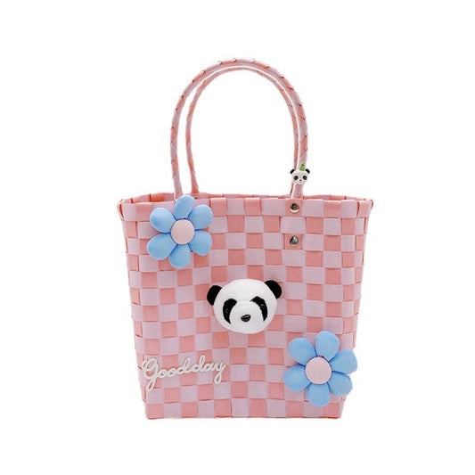 Pink Bags: Panda Handbag, Woven Basket Bag of Panda Stuffed Animals