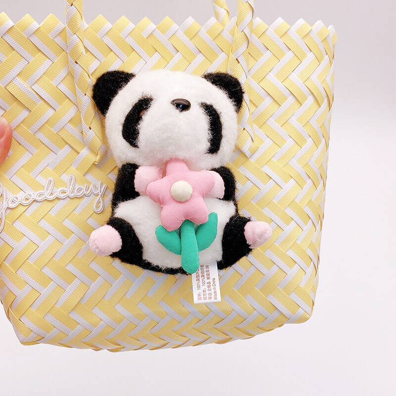 Sac de plage tissé en plastique, fourre-tout Panda, couleur jaune en 4 styles