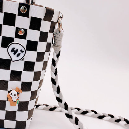 Woven Tote Bag, Panda Tote, Checkered Black and White Woven Basket, 7''