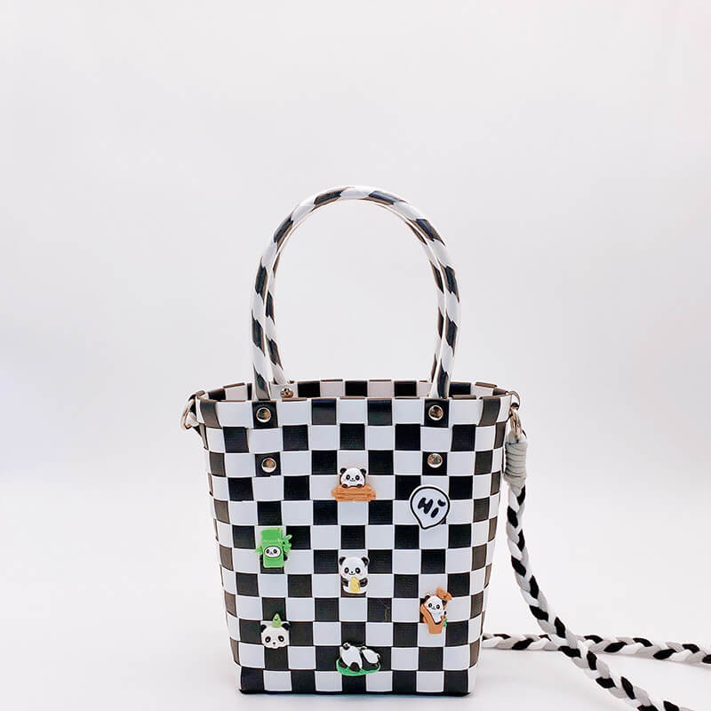Woven Tote Bag, Panda Tote, Checkered Black and White Woven Basket, 7''