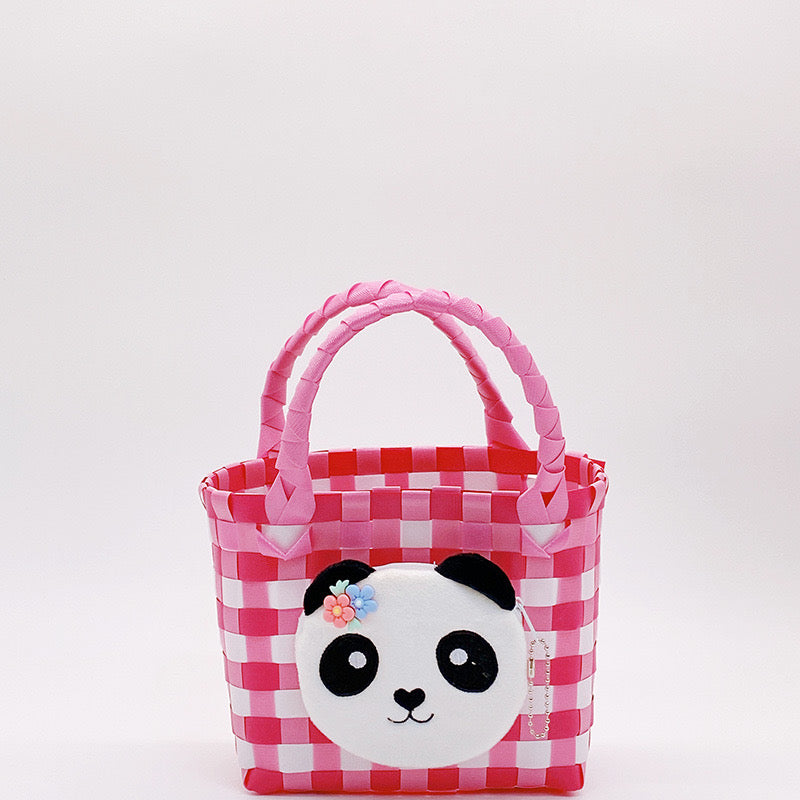 Panda Basket: Bolso tejido con muñeco de panda rosa, bolso de gran capacidad