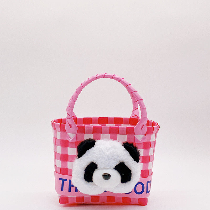 Panier Panda : Sac tissé pour poupée panda rose, sac à main de grande capacité