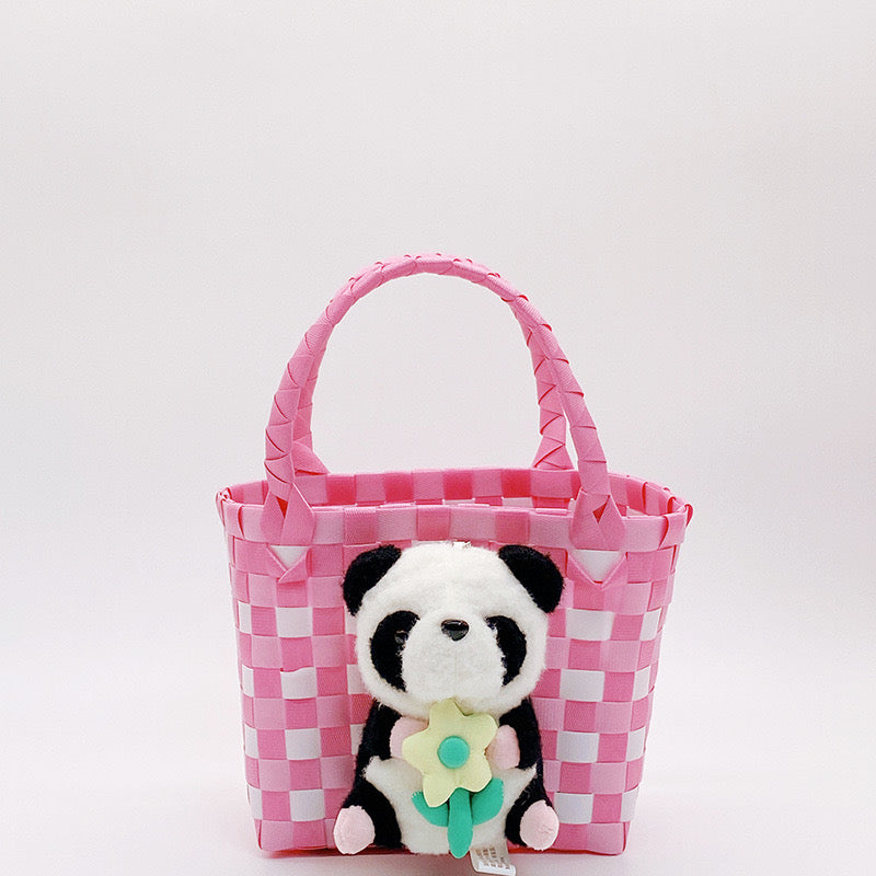 Panda Basket: Pink panda doll woven bag large capacity handbag
