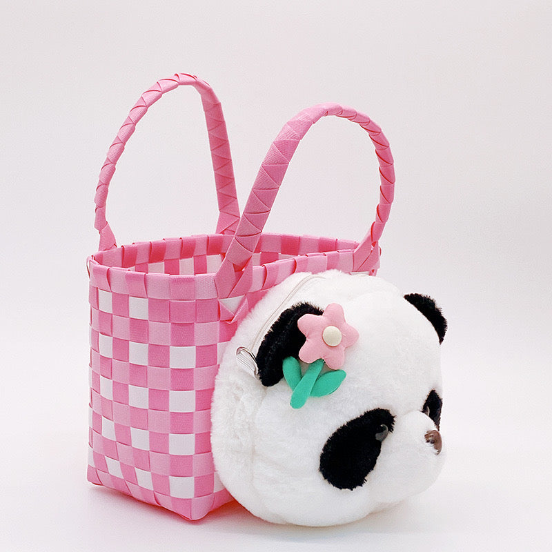 Panda Basket: Pink panda doll woven bag large capacity handbag