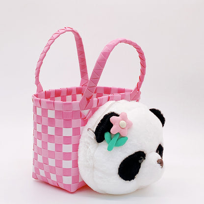Panda Basket: Bolso tejido con muñeco de panda rosa, bolso de gran capacidad