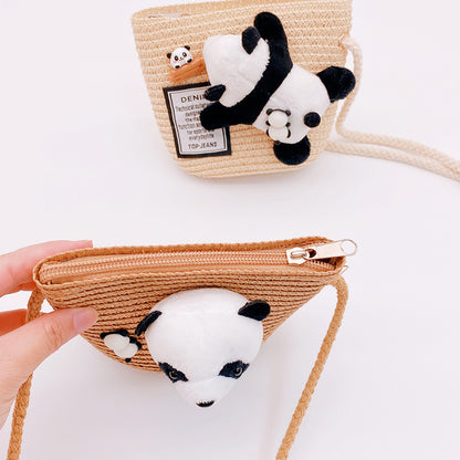 Straw Crossbody Bag for Women Summer with Panda Small Plush in 2 Colors