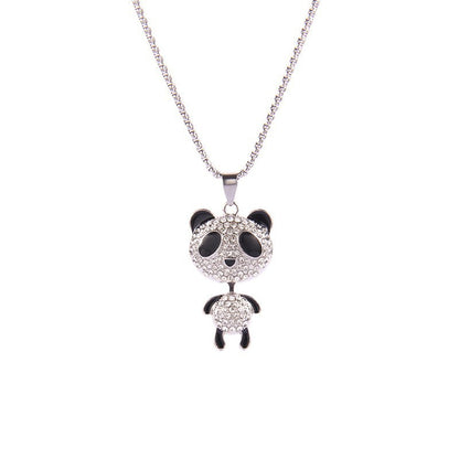 Panda necklace: Cartoon diamond inlaid titanium steel panda necklace