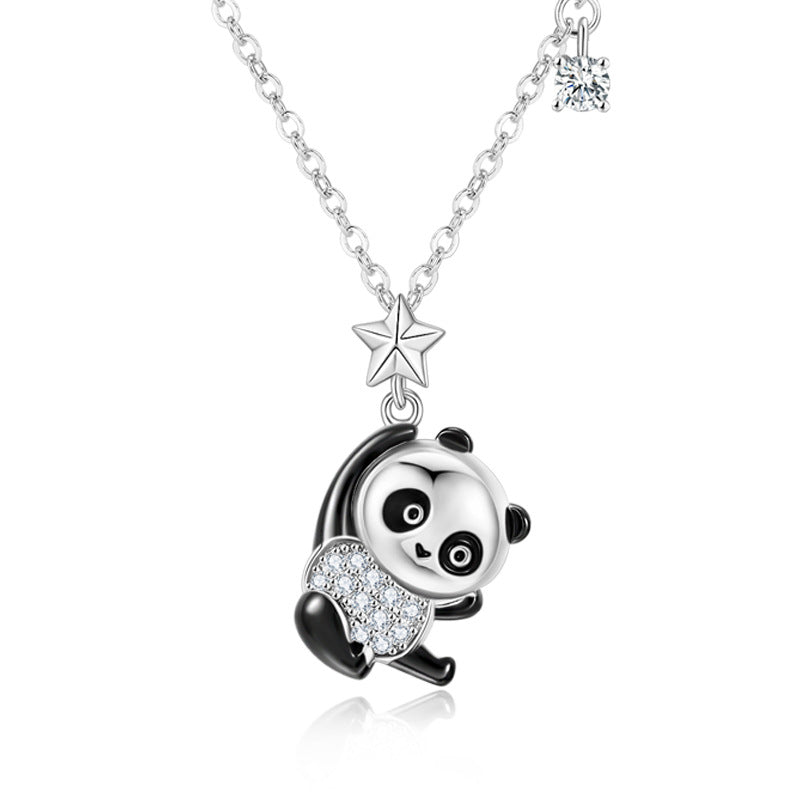 Premium Sterling Silver Star Picking Panda Pendant Diamond Necklace