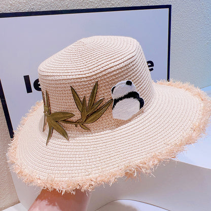 Panda straw bag: Cute embroidered woven handbag & travel hat