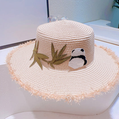 Bolso de paja Panda: lindo bolso tejido bordado y sombrero de viaje