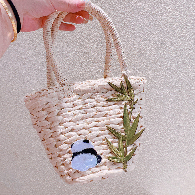 Panda straw bag: Cute embroidered woven handbag & travel hat