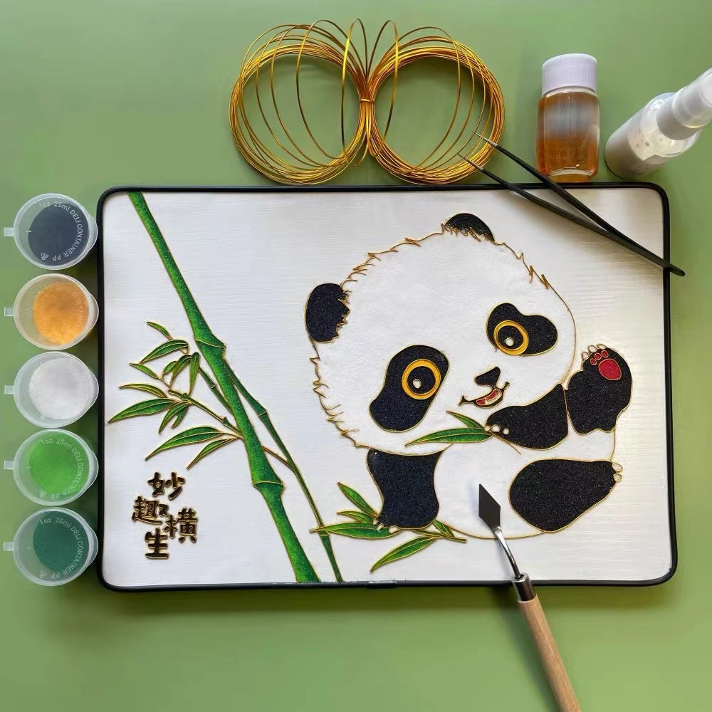 Peinture en émail sur soie, fil d'or, patrimoine culturel, bricolage Panda