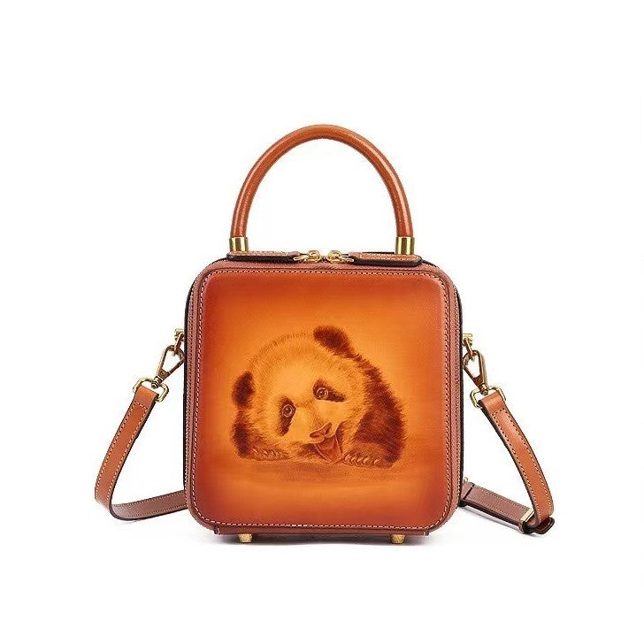 Panda Tote Bag, Brown Leather Bag, Square, 7.5''