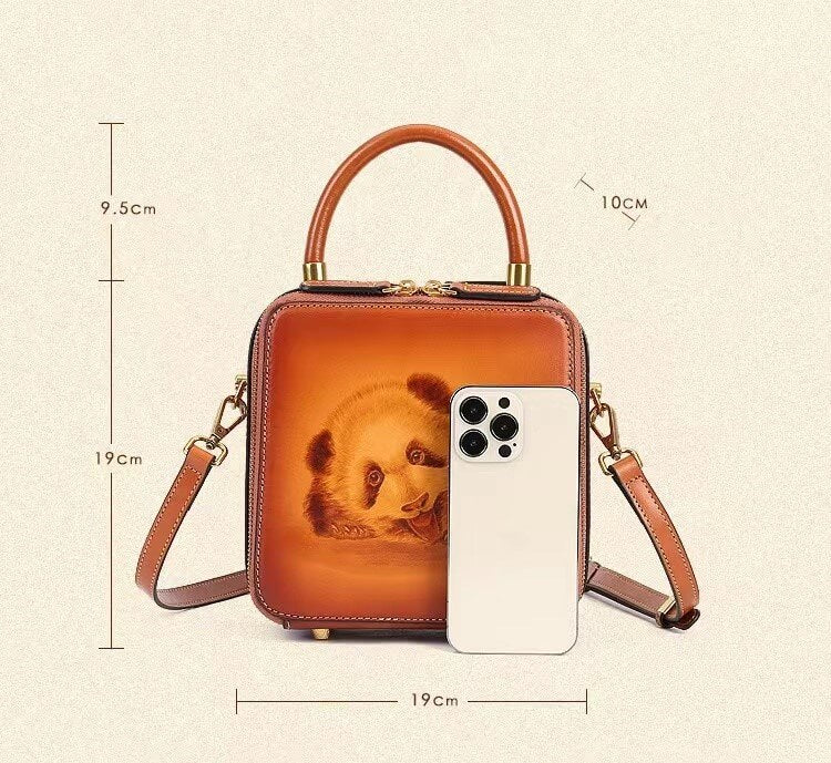 Panda Tote Bag, Brown Leather Bag, Square, 7.5''
