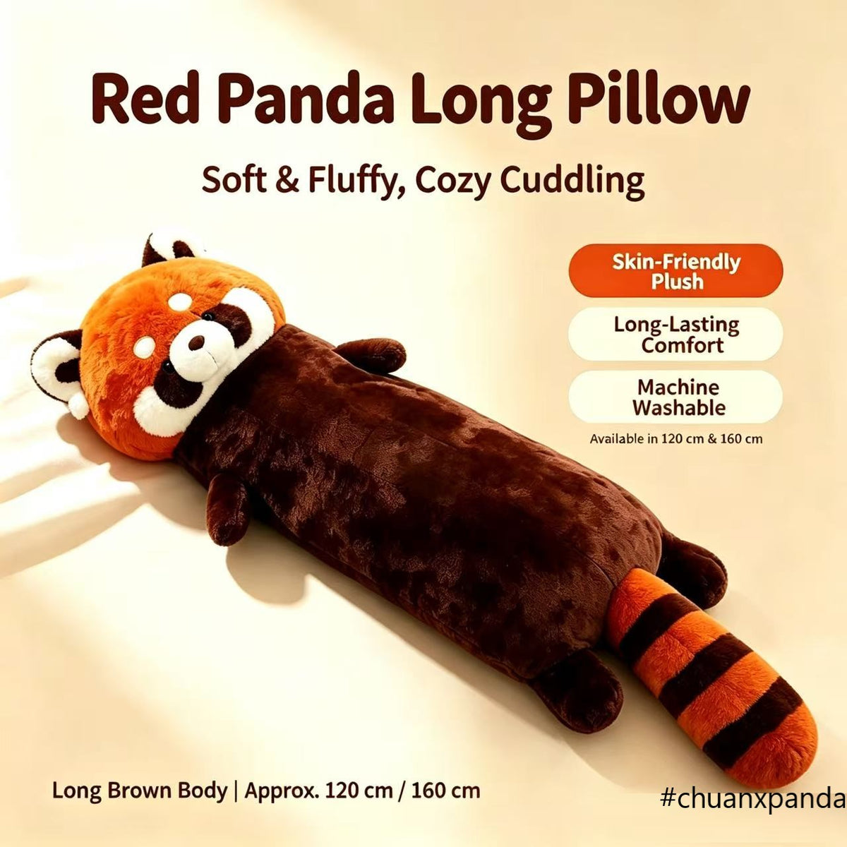 Peluches de panda rojo, almohada larga de panda rojo en 2 tamaños