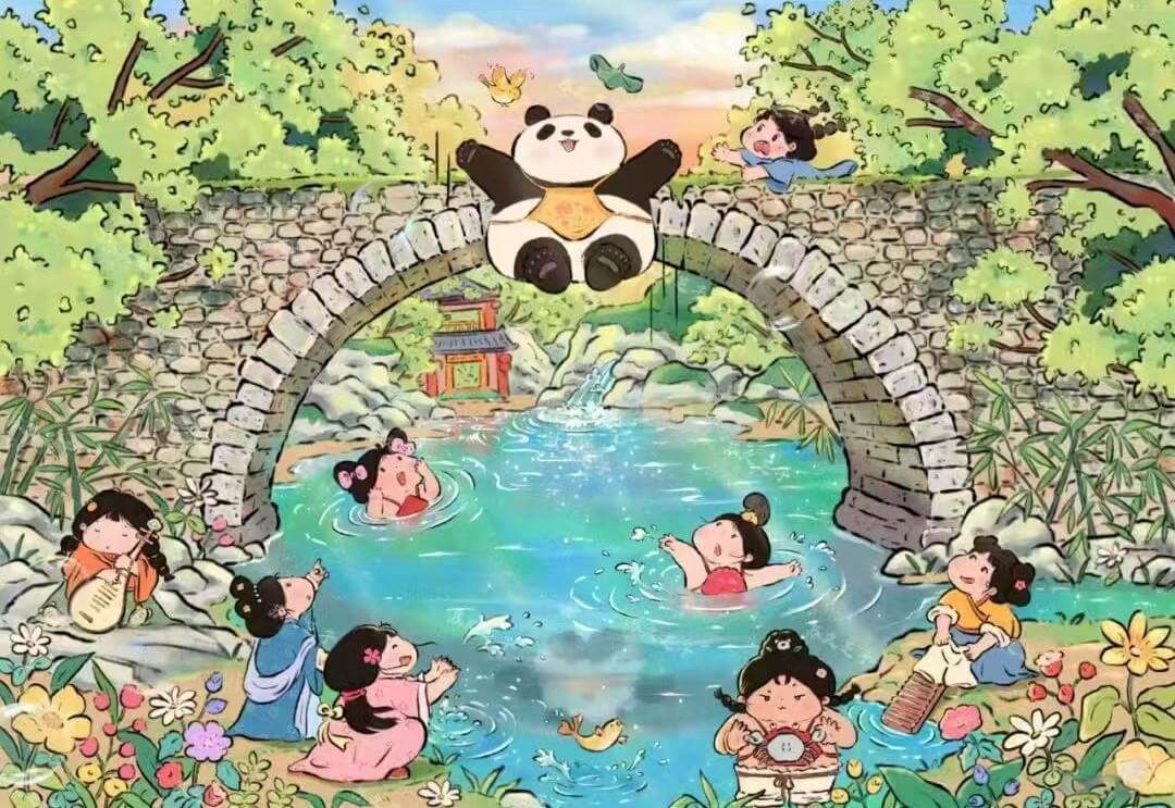 Playtime with panda friend in Summer
