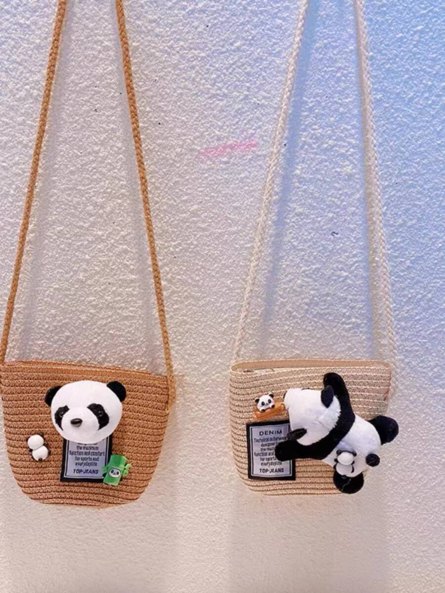 Bolso Bandolera de Paja para Mujer Verano con Panda Pequeño de Peluche en 2 Colores