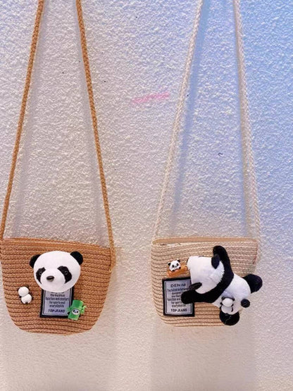 Straw Crossbody Bag for Women Summer with Panda Small Plush in 2 Colors