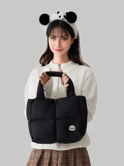 Panda Tote Bag, Black Quilted Tote Handbag with Panda Logo 13.5''