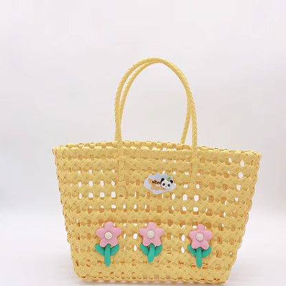 Woven Tote Bag, Romantic Flower Tote Bag with Panda Pin, 11.4''