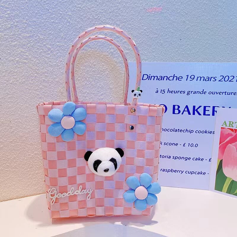 Bolso Panda, bolso tejido en tablero de ajedrez rosa, 9,6''