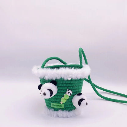 Knitted Bucket Bag, Panda Bag with Stuffed Panda Head, 5.9''