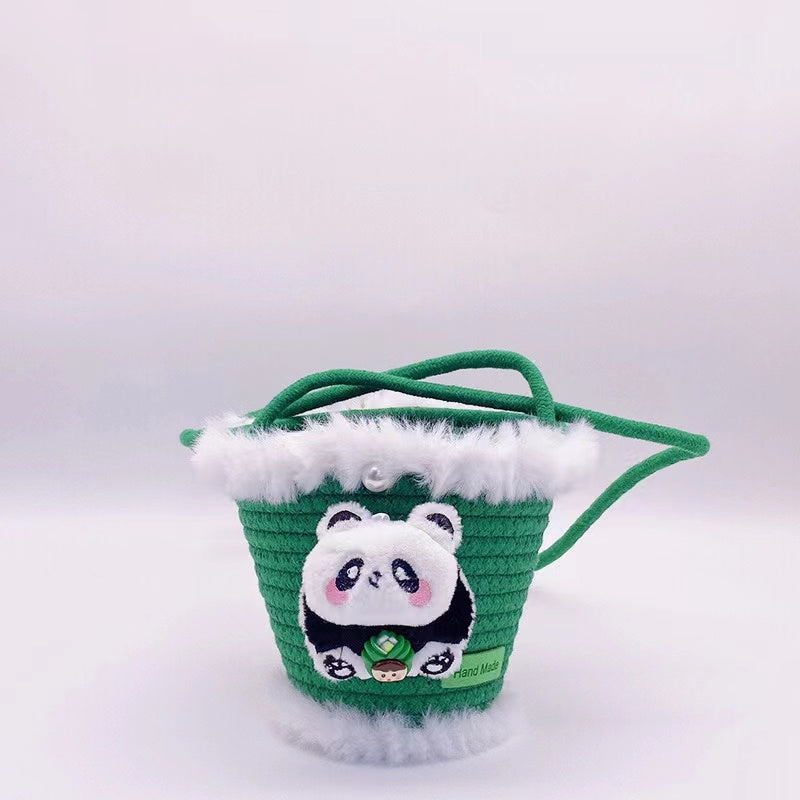 Knitted Bucket Bag, Panda Bag with Stuffed Panda Head, 5.9''
