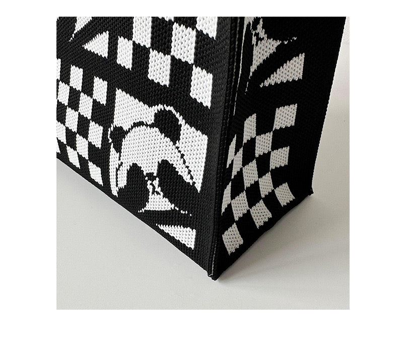 Bolso de mano Panda, bolsas de tejer de gran capacidad, patrón de tablero de ajedrez