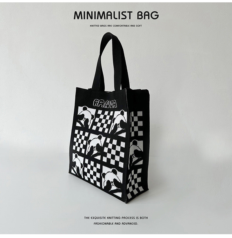 Panda Tote Bag, Large Capacity Knitting Bags, Chessboard Pattern