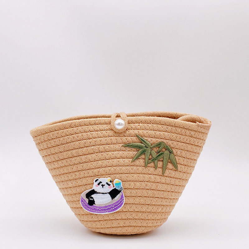 Panda straw bag: Fashion embroidered travel handbag