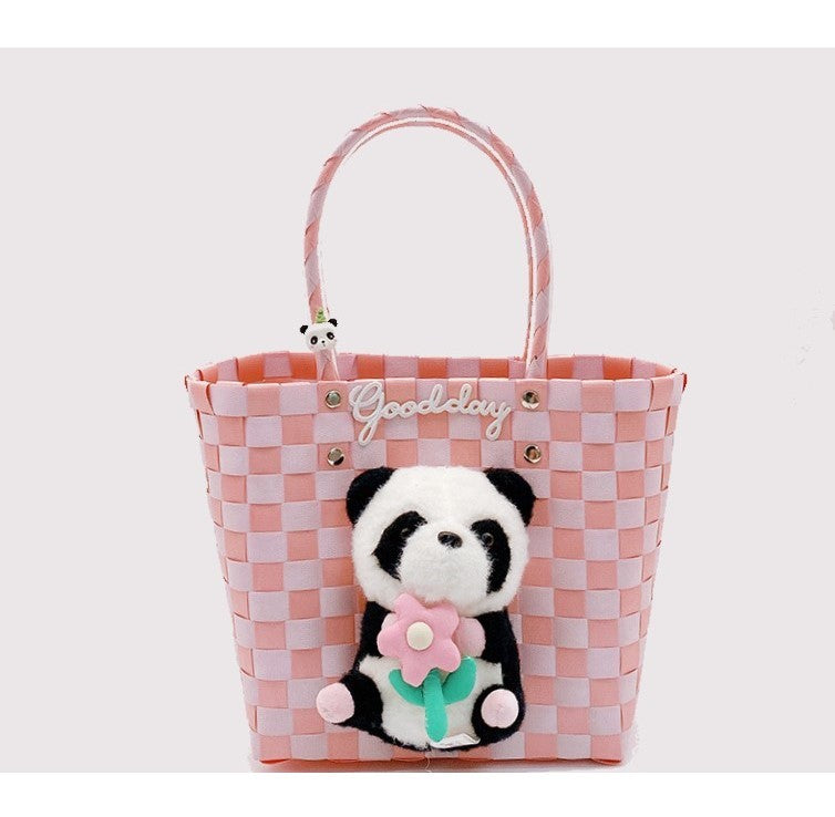 Bolso Panda, bolso tejido en tablero de ajedrez rosa, 9,6''