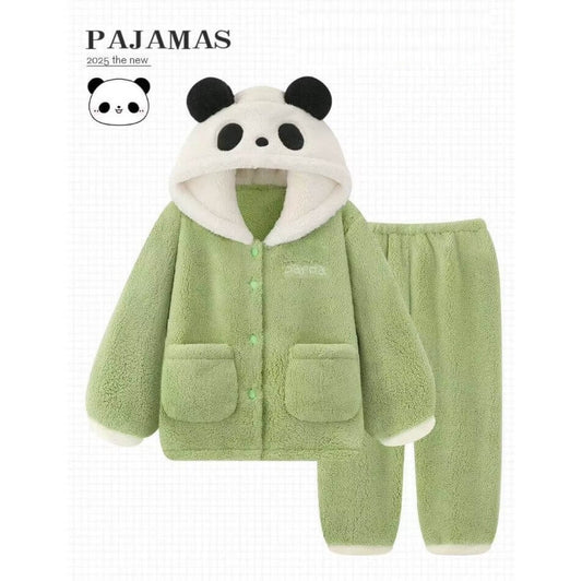 Panda Pajama in Green, Pajama Set in Coral Velvet