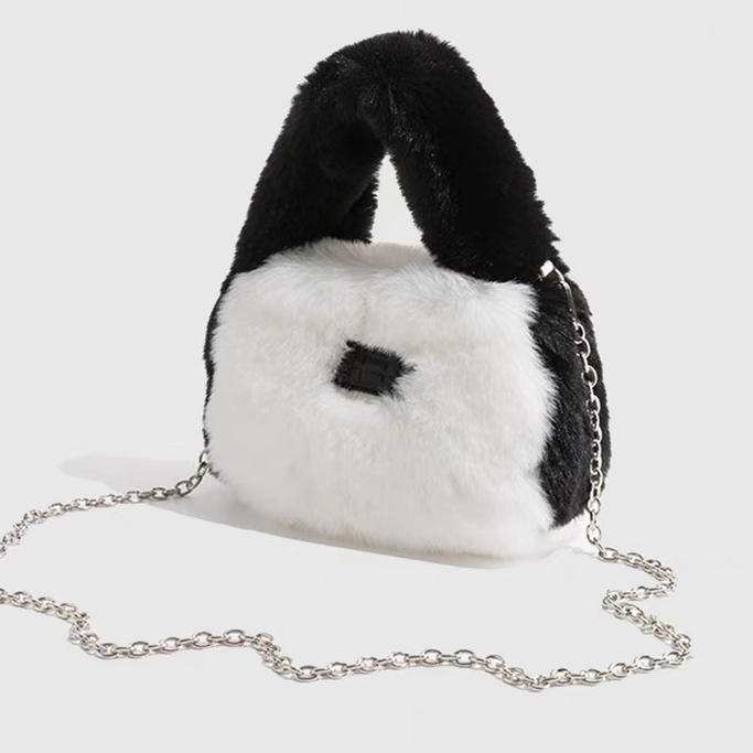 White Fur Bag, Panda Contrasting Color, 8.66''