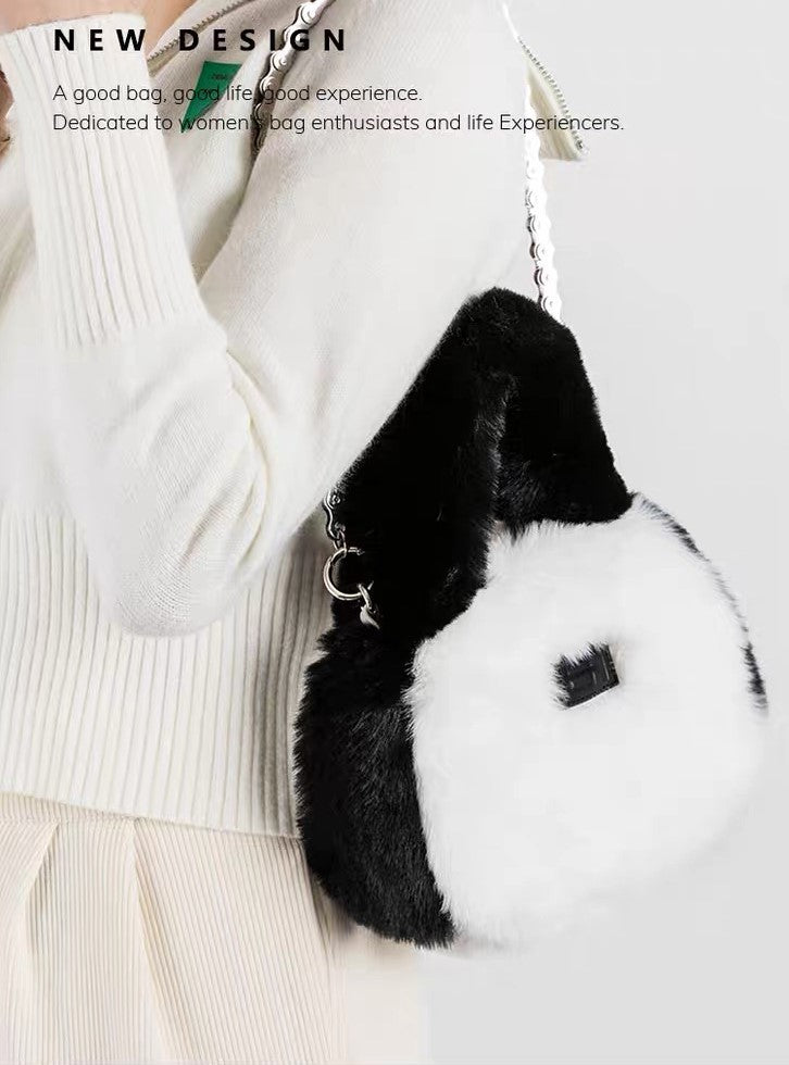 White Fur Bag, Panda Contrasting Color, 8.66''